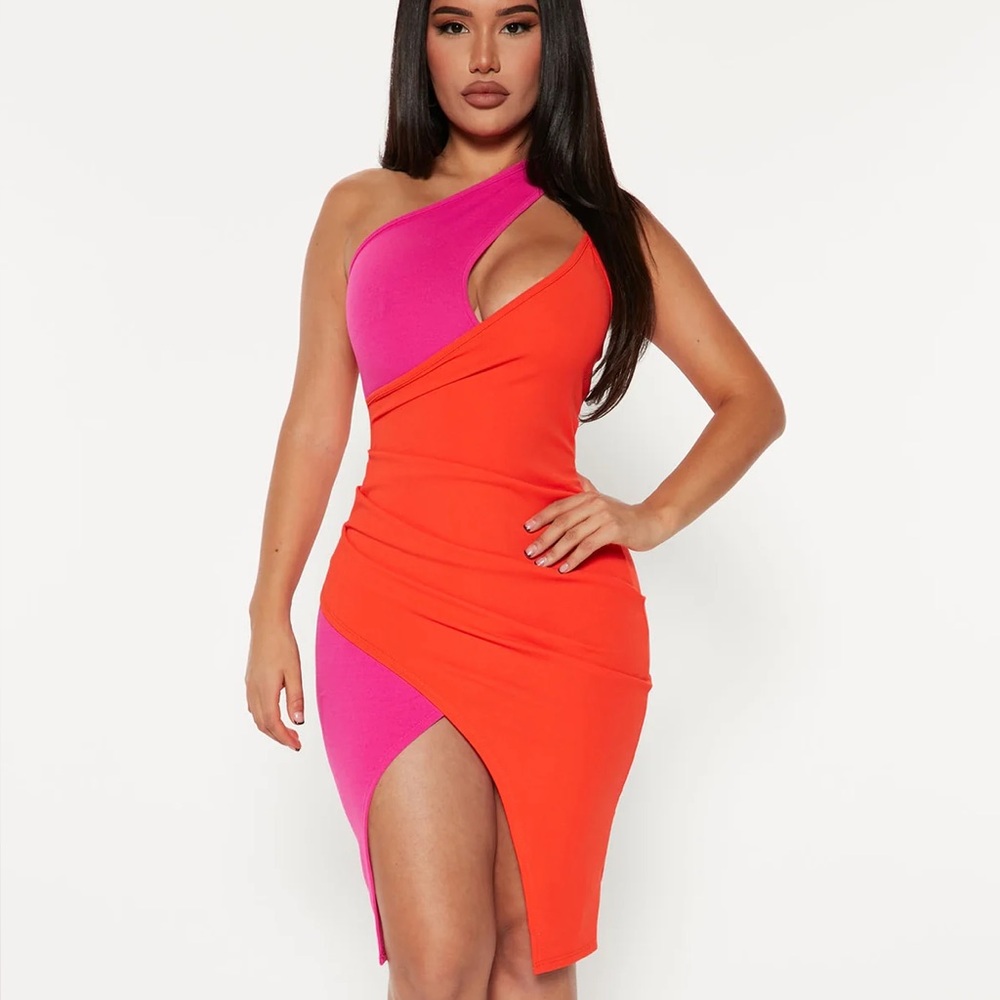 Fashion Nova NWT Diane Colorblock Midi Dress Orange Pink Neon 3X